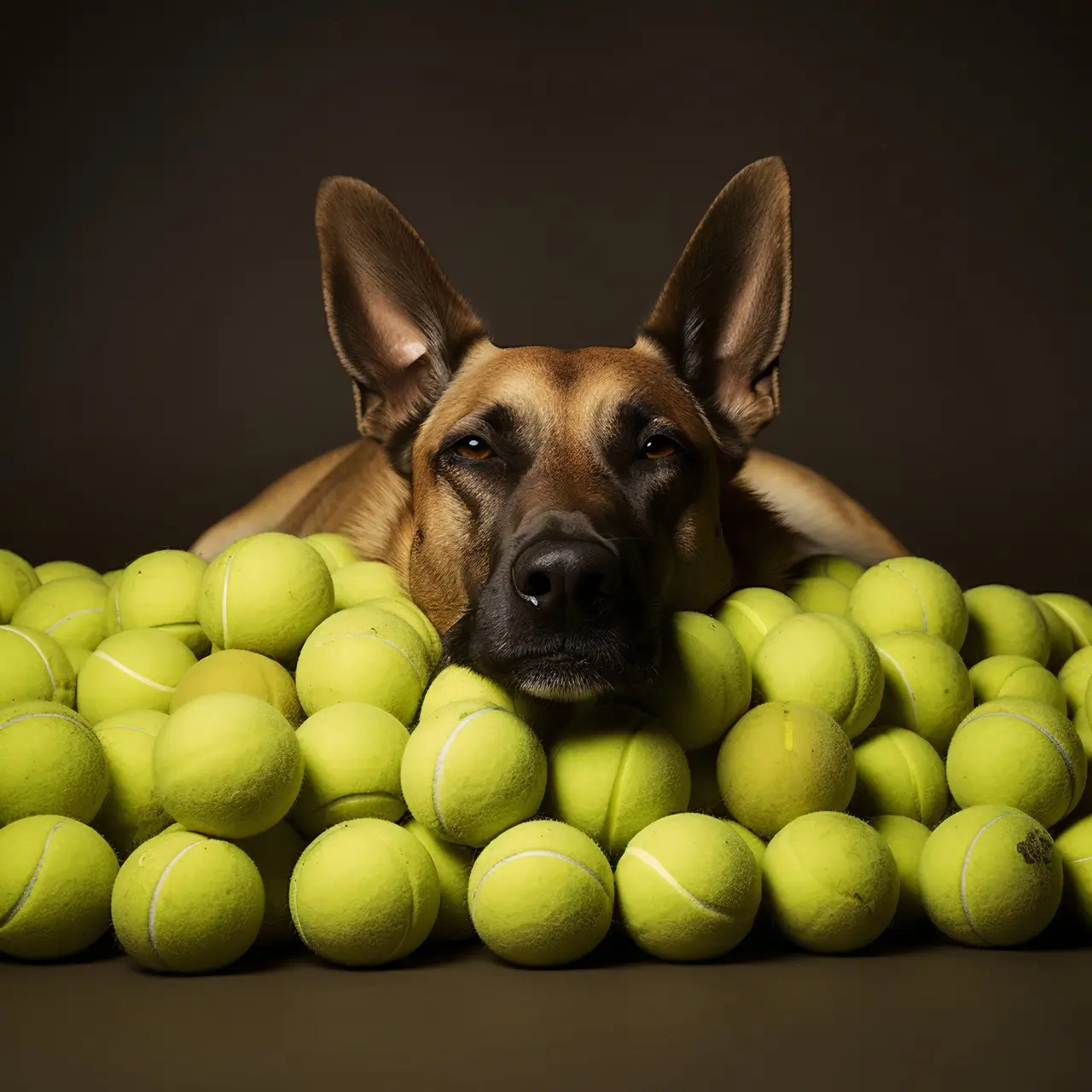 Большая собака лежит на куче мячей для тенниса