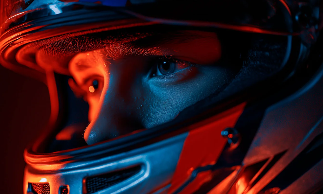 Крупный план лица гонщика в шлеме