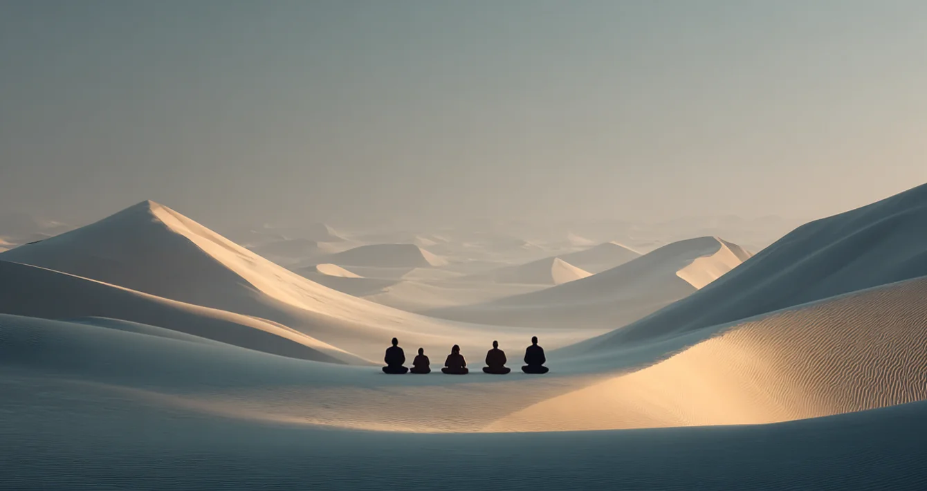 Люди, сидящие в медитации среди песчаных дюн